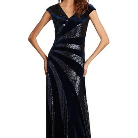 Tadashi Shoji Navy Blue Sequin Stripe Velvet Column Gown